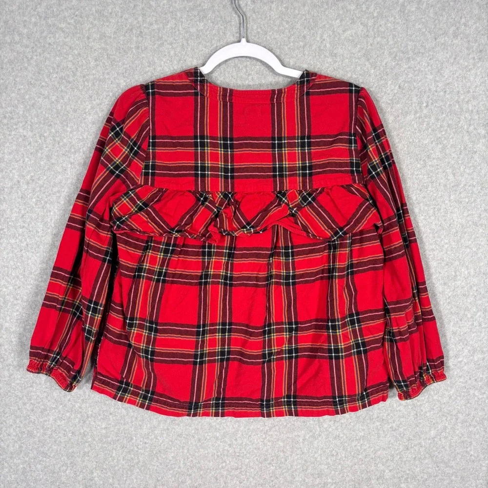 J Crew Tartan Plaid Flannel Ruffle Blouse Small Red Popover Festive Twee Country